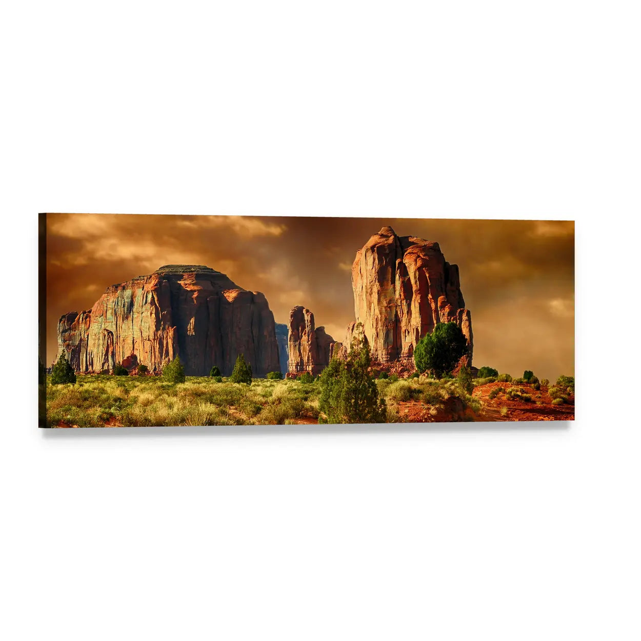 Monument Valley Road at Golden Hour Panoramic Canvas Wall Art, single panel gallery wrapped canvas, angled product view