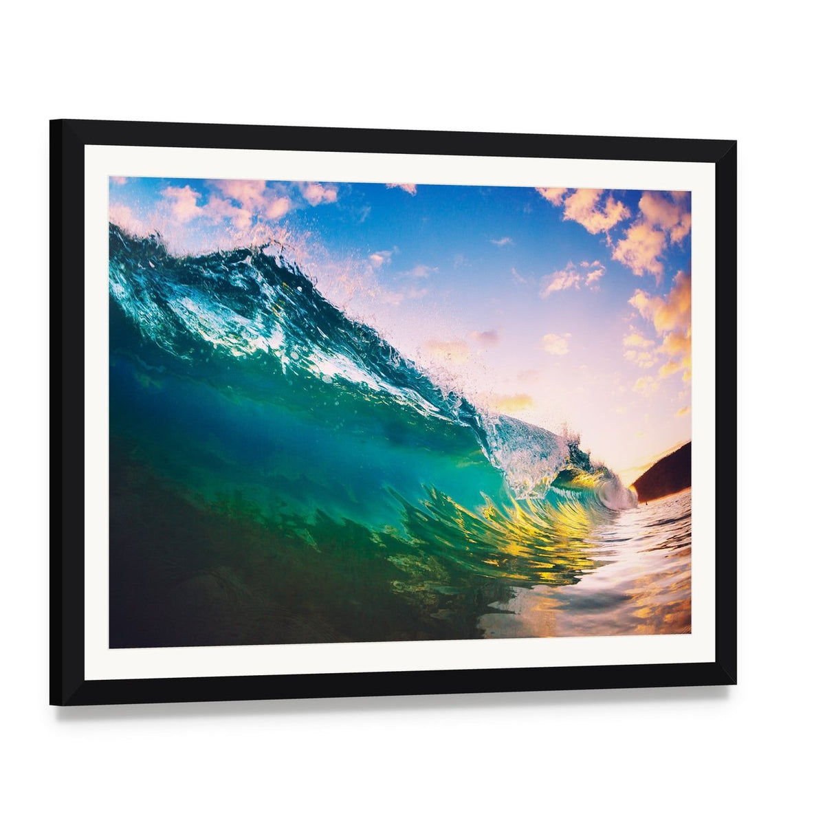 Ocean Wave at Sunset Canvas Wall Art, framed print with white mat and black frame, angled product view