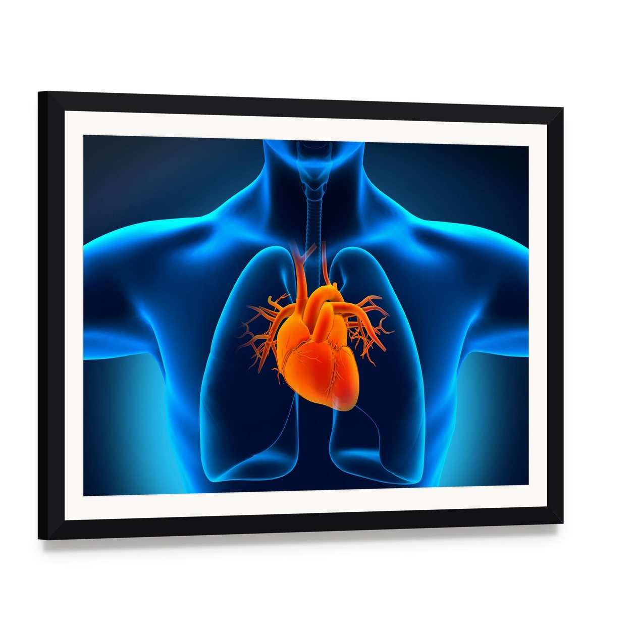 Glowing Anatomical Heart and Lungs Canvas Wall Art, framed print with white mat and black frame, angled product view