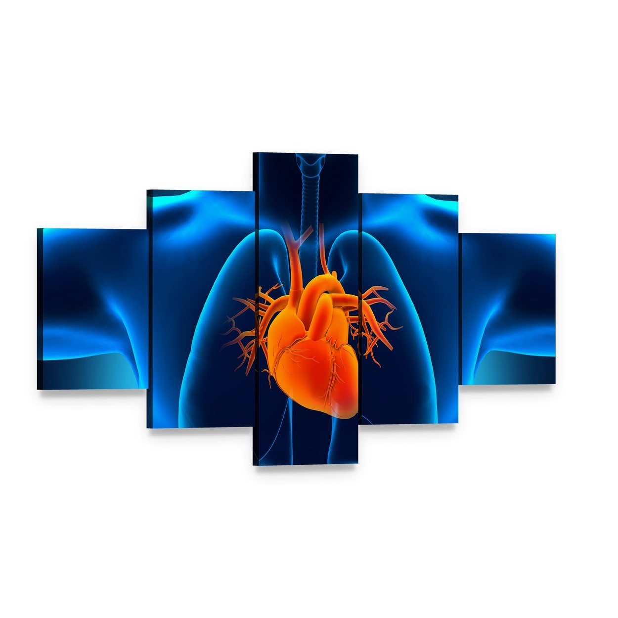 Glowing Anatomical Heart and Lungs Canvas Wall Art, 5 panel 5 Star layout gallery wrapped canvas set, angled product view