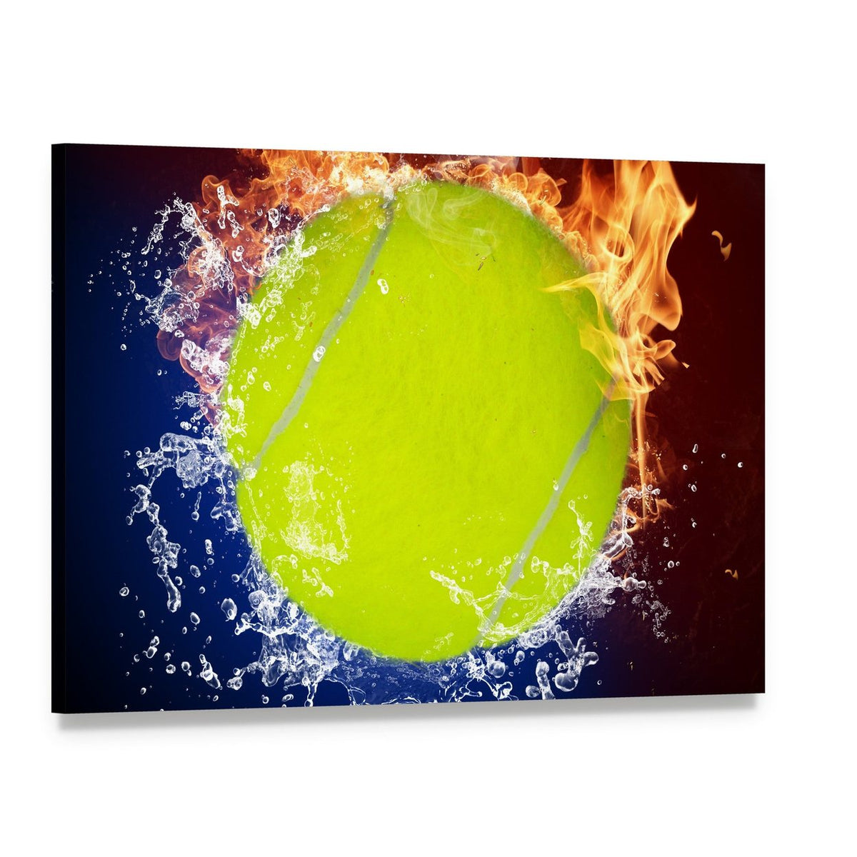 Tennis Ball in Fire Flames and Splashing Water Canvas Wall Art, single panel gallery wrapped canvas, angled product view