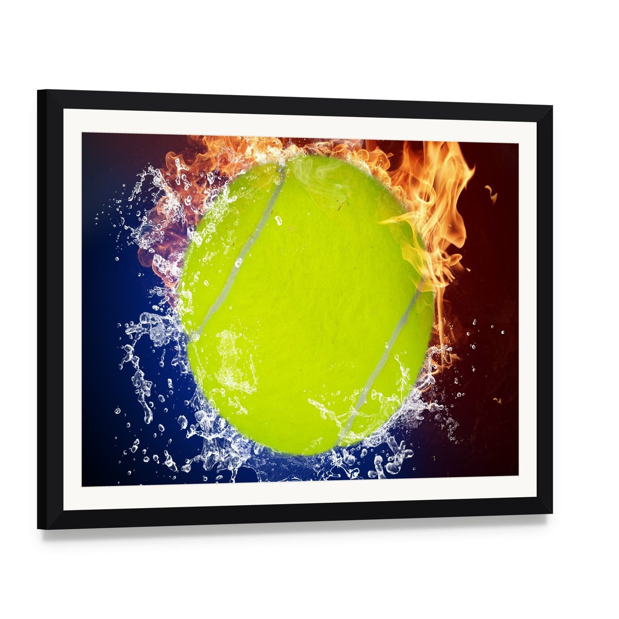 Tennis Ball in Fire Flames and Splashing Water Canvas Wall Art, framed print with white mat and black frame, angled product view