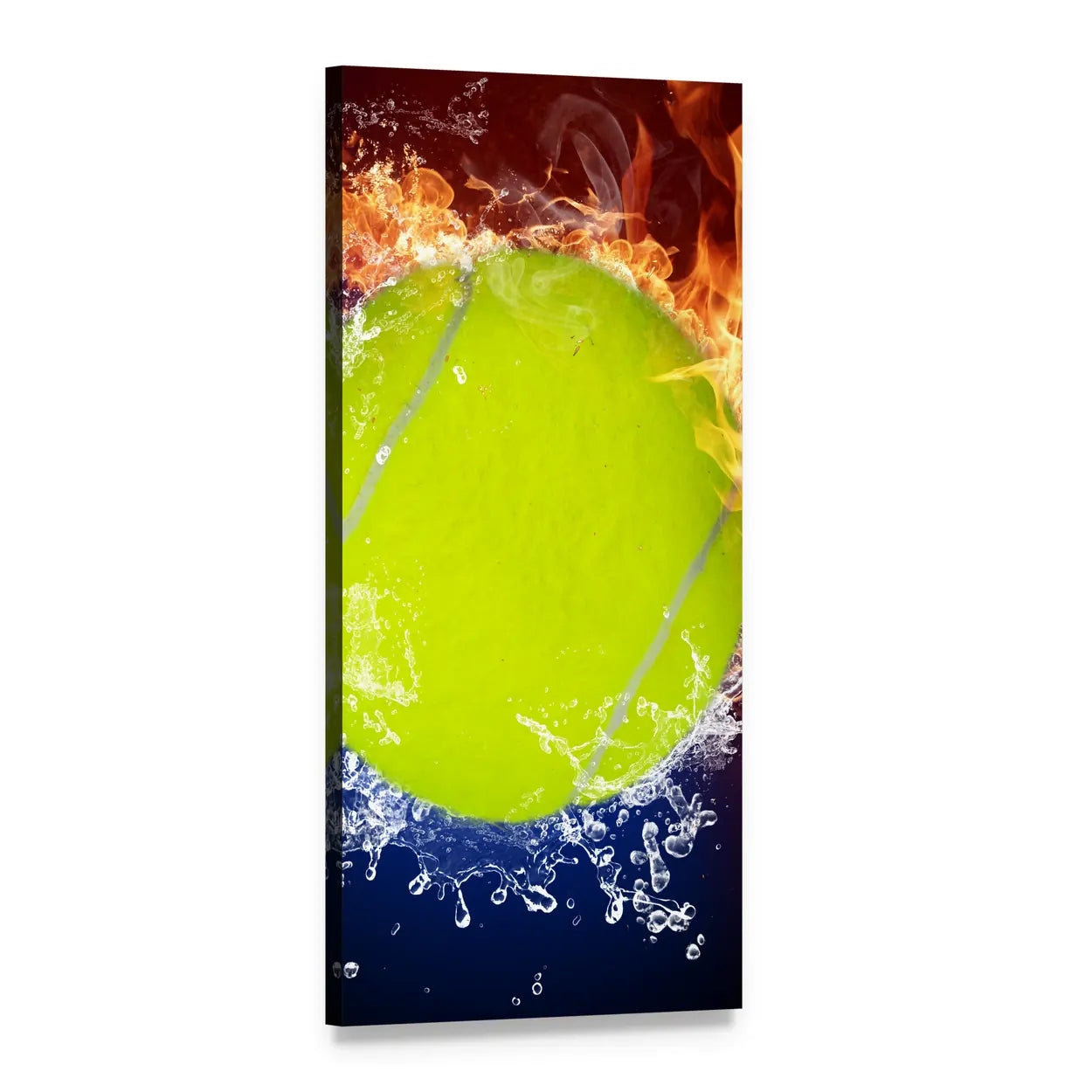 Tennis Ball Split Between Fire and Water Vertical Canvas Wall Art, 1 panel 1 Vertical layout gallery wrapped canvas set, angled product view