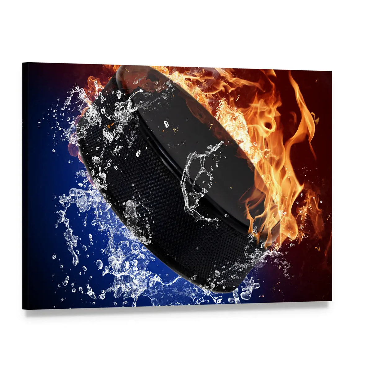 Hockey Puck in Fire and Ice Canvas Wall Art, single panel gallery wrapped canvas, angled product view