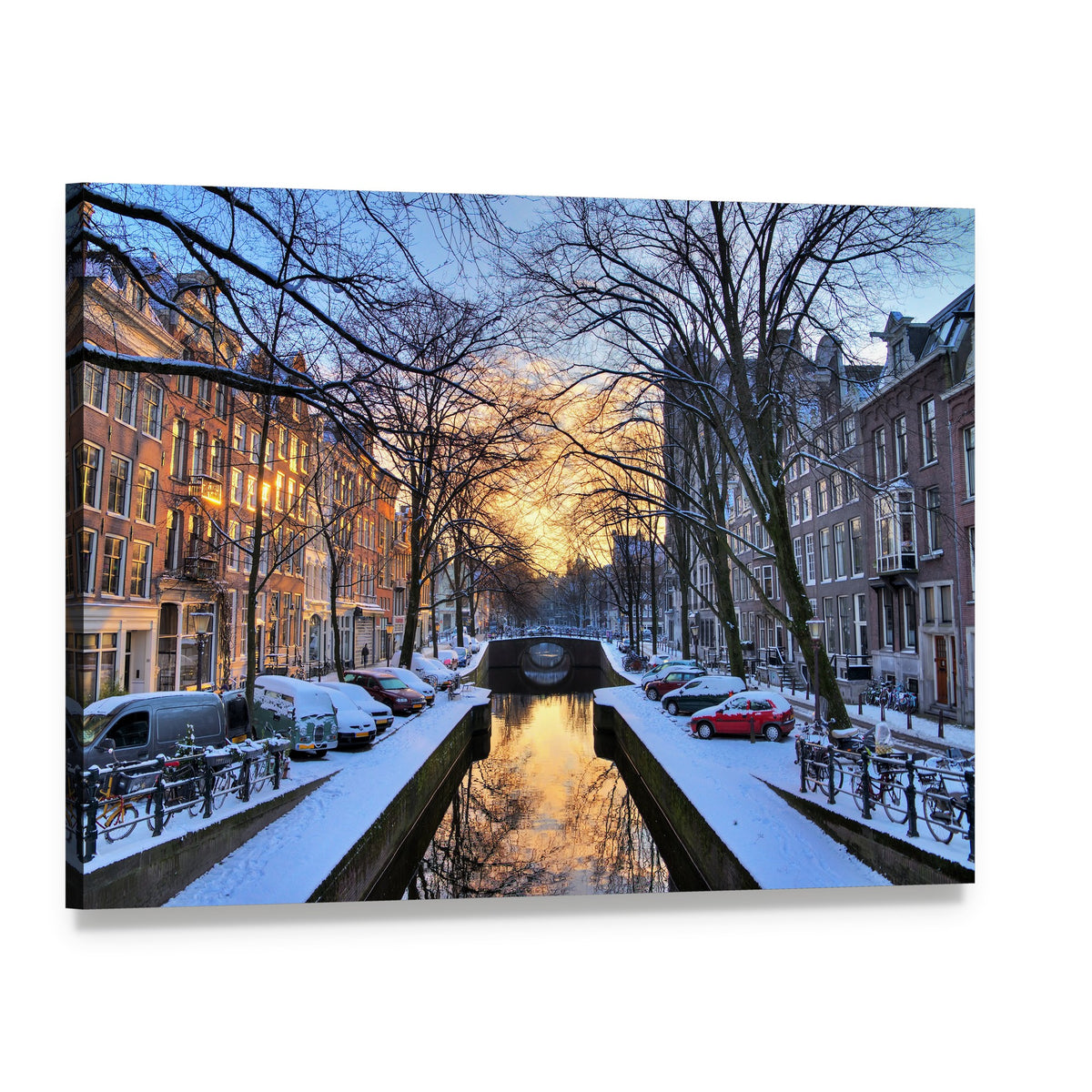 Snowy Canals of Amsterdam at Sunset Canvas Wall Art, single panel gallery wrapped canvas, angled product view