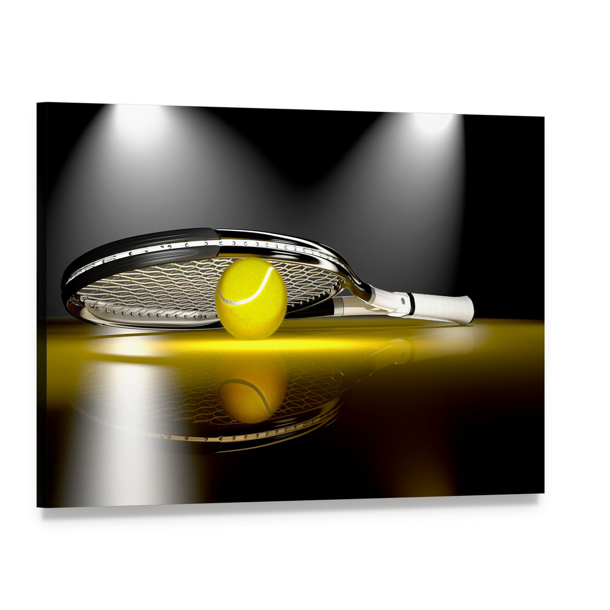 Tennis Ball Under Racket Canvas Wall Art, single panel gallery wrapped canvas, angled product view