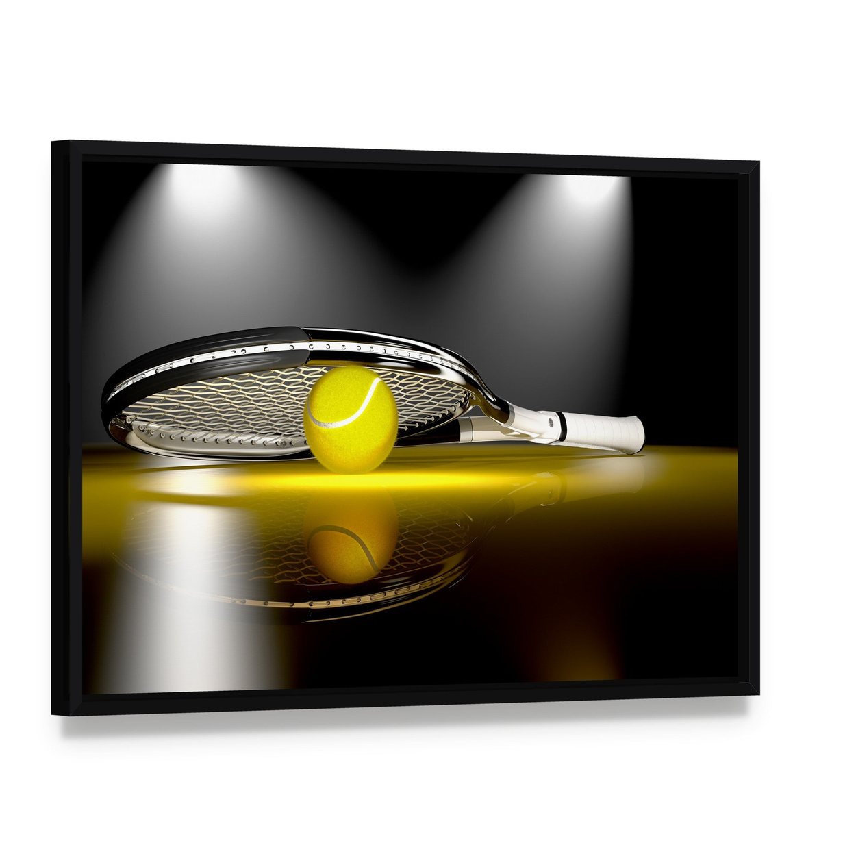 Tennis Ball Under Racket Canvas Wall Art, framed canvas in a black floater frame, angled product view