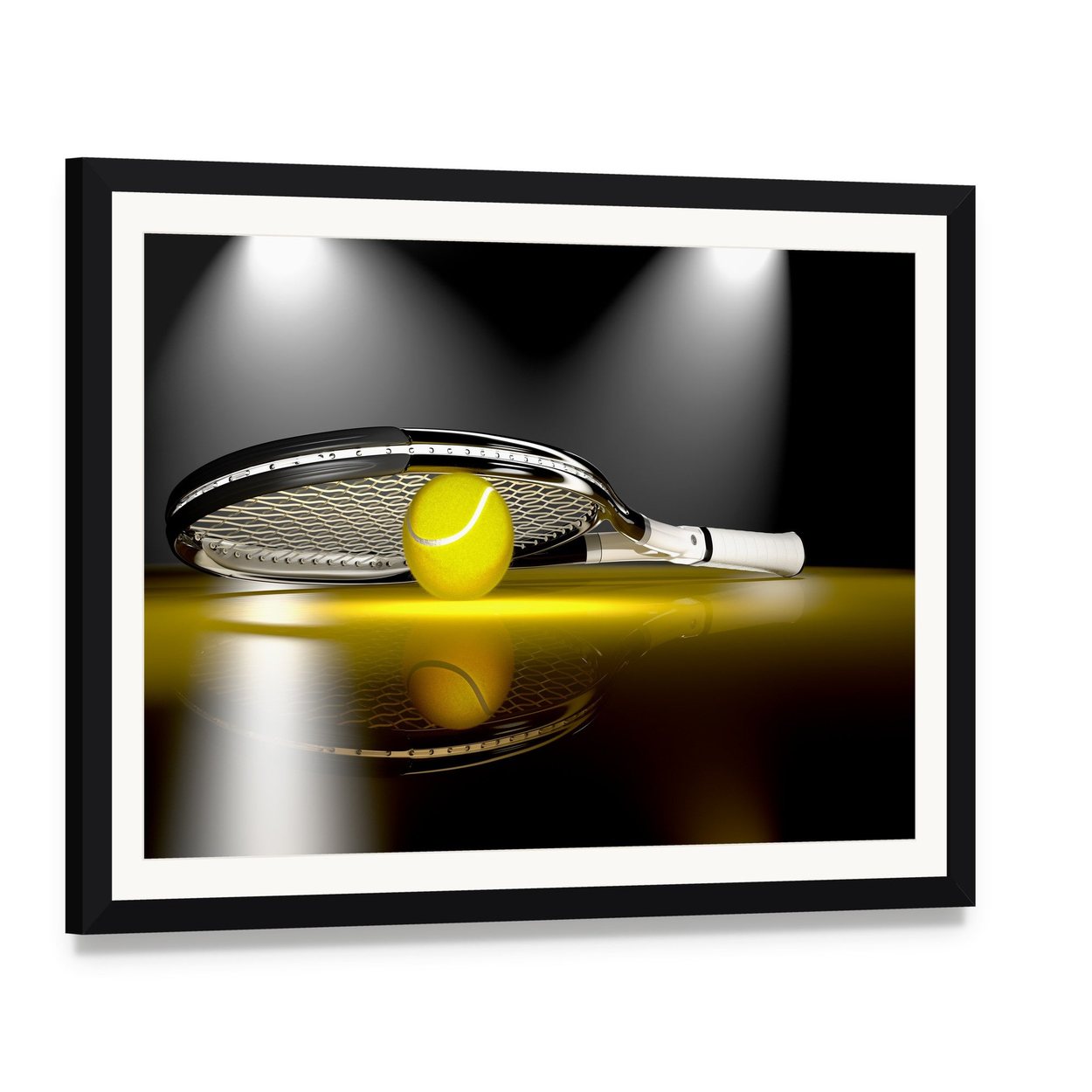 Tennis Ball Under Racket Canvas Wall Art, framed print with white mat and black frame, angled product view