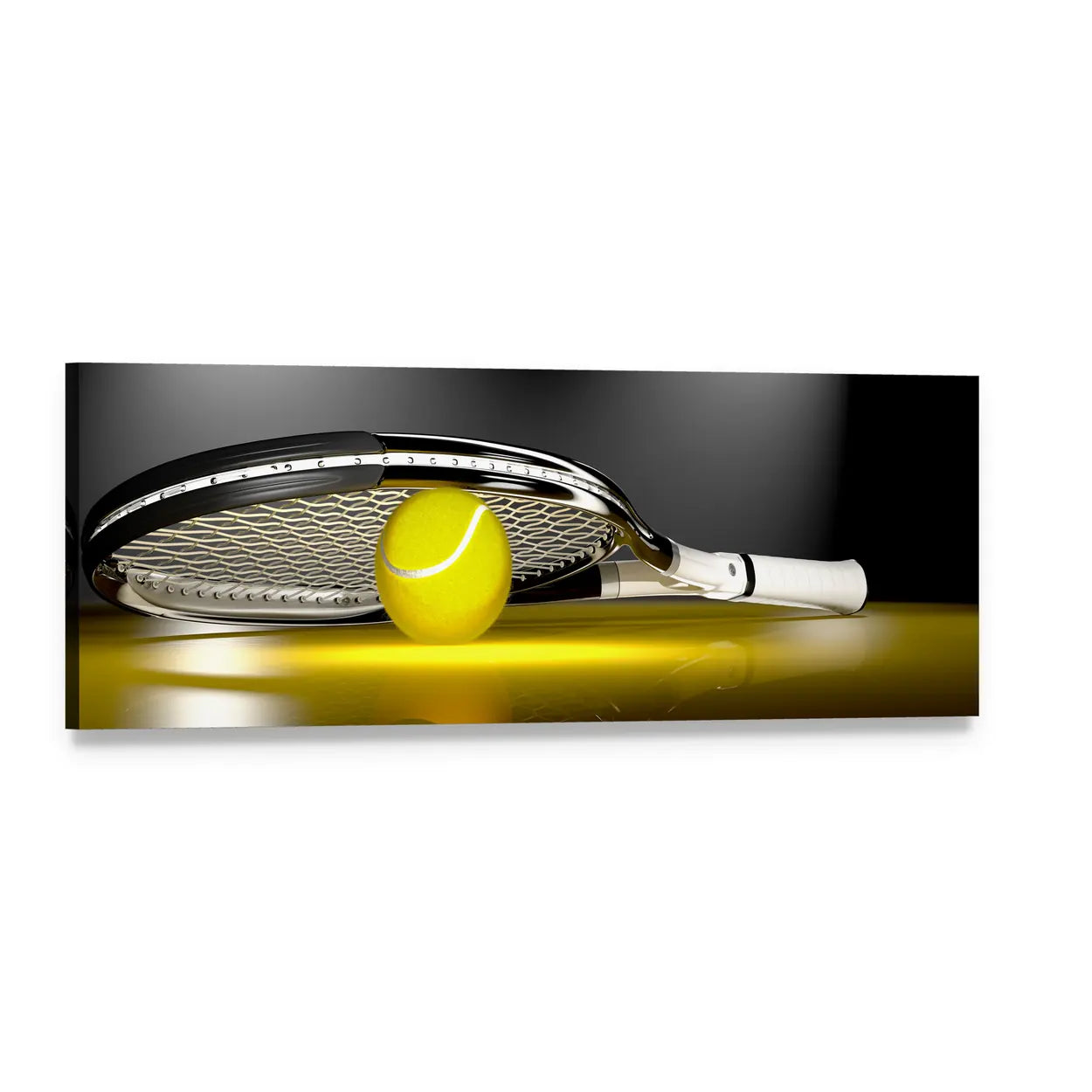 Tennis Ball Tucked Under Racket Panoramic Canvas Wall Art, single panel gallery wrapped canvas, angled product view