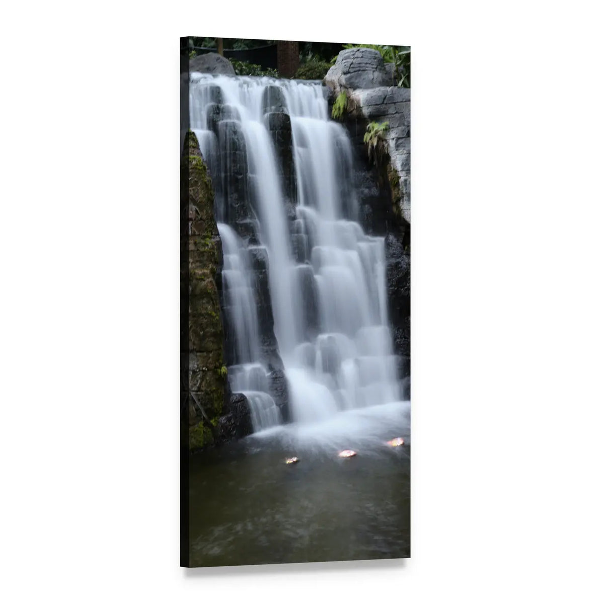Long-exposure Indoor Waterfall Over Rocks Vertical Canvas Wall Art, 1 panel 1 Vertical layout gallery wrapped canvas set, angled product view