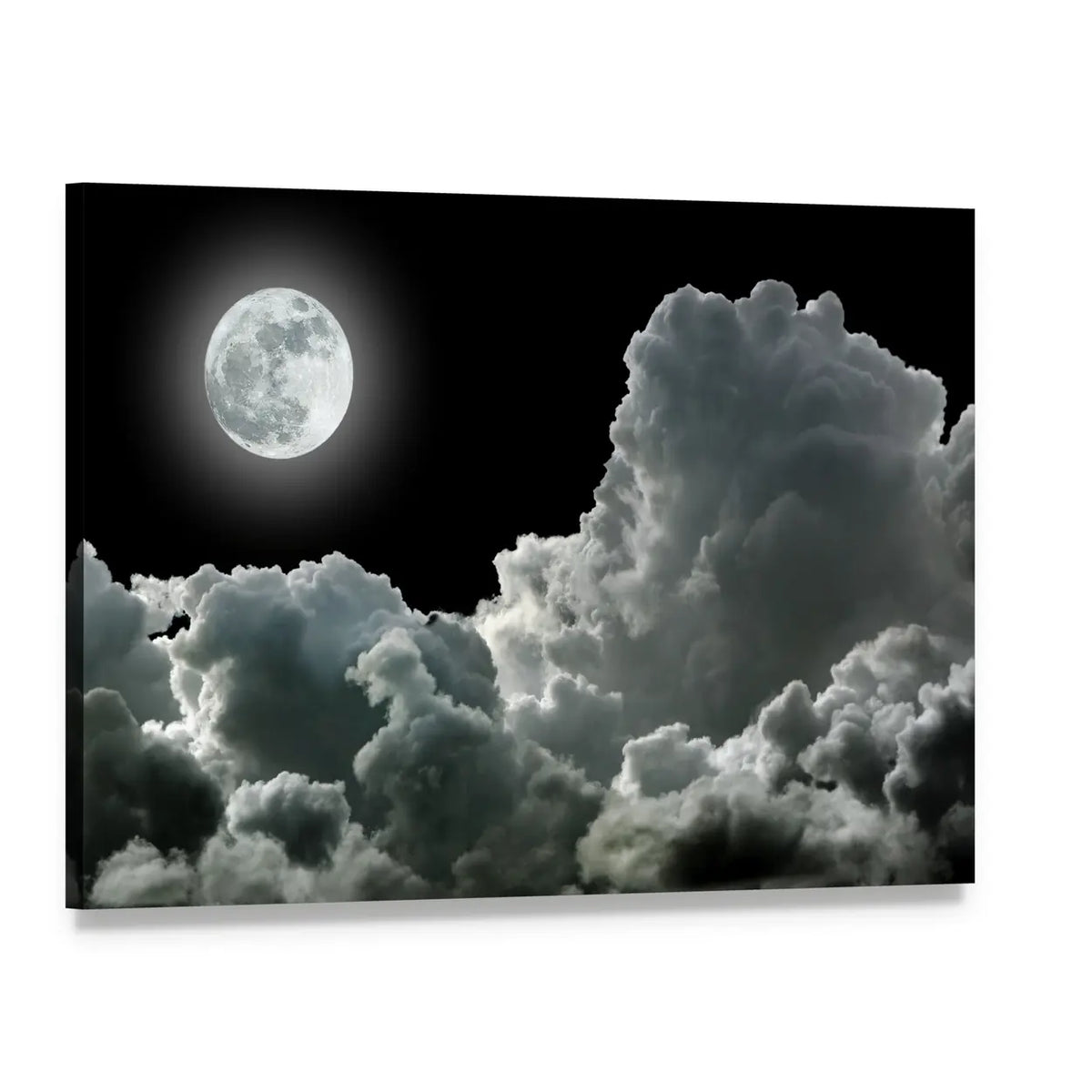 Luminous Full Moon in Storm Clouds Canvas Wall Art, single panel gallery wrapped canvas, angled product view