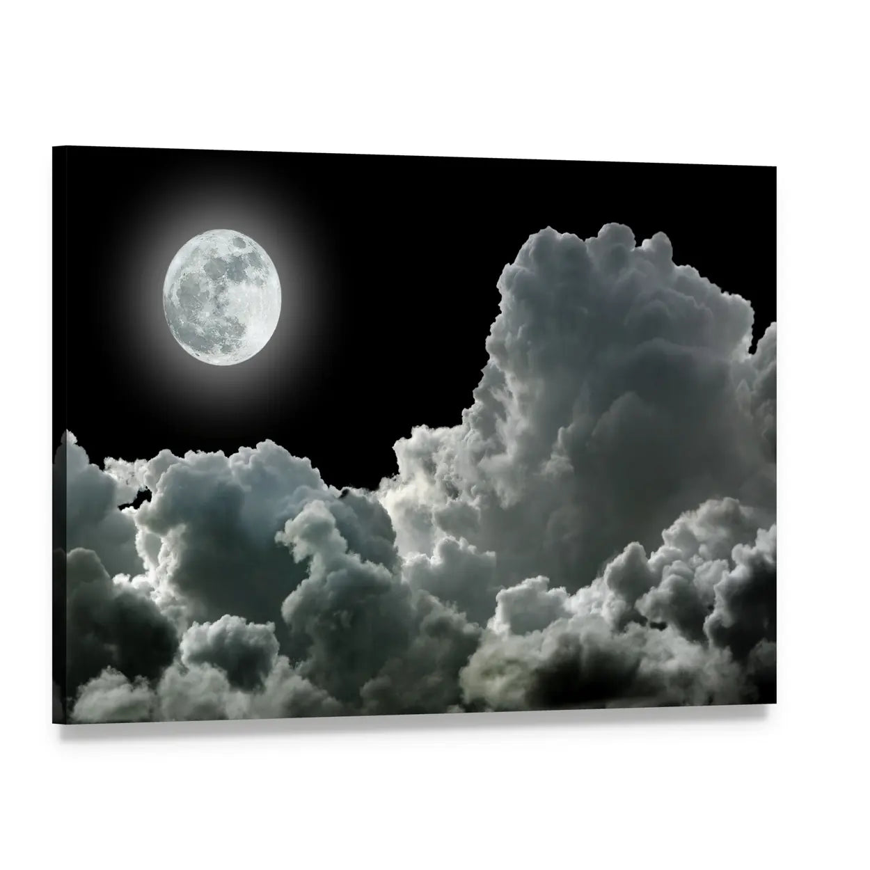 Luminous Full Moon in Storm Clouds Canvas Wall Art, single panel gallery wrapped canvas, angled product view