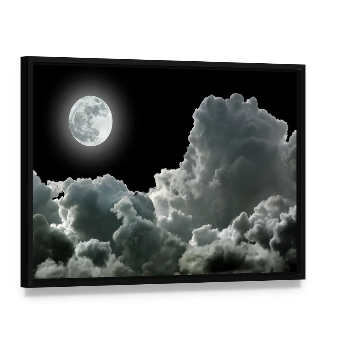 Luminous Full Moon in Storm Clouds Canvas Wall Art, framed canvas in a black floater frame, angled product view