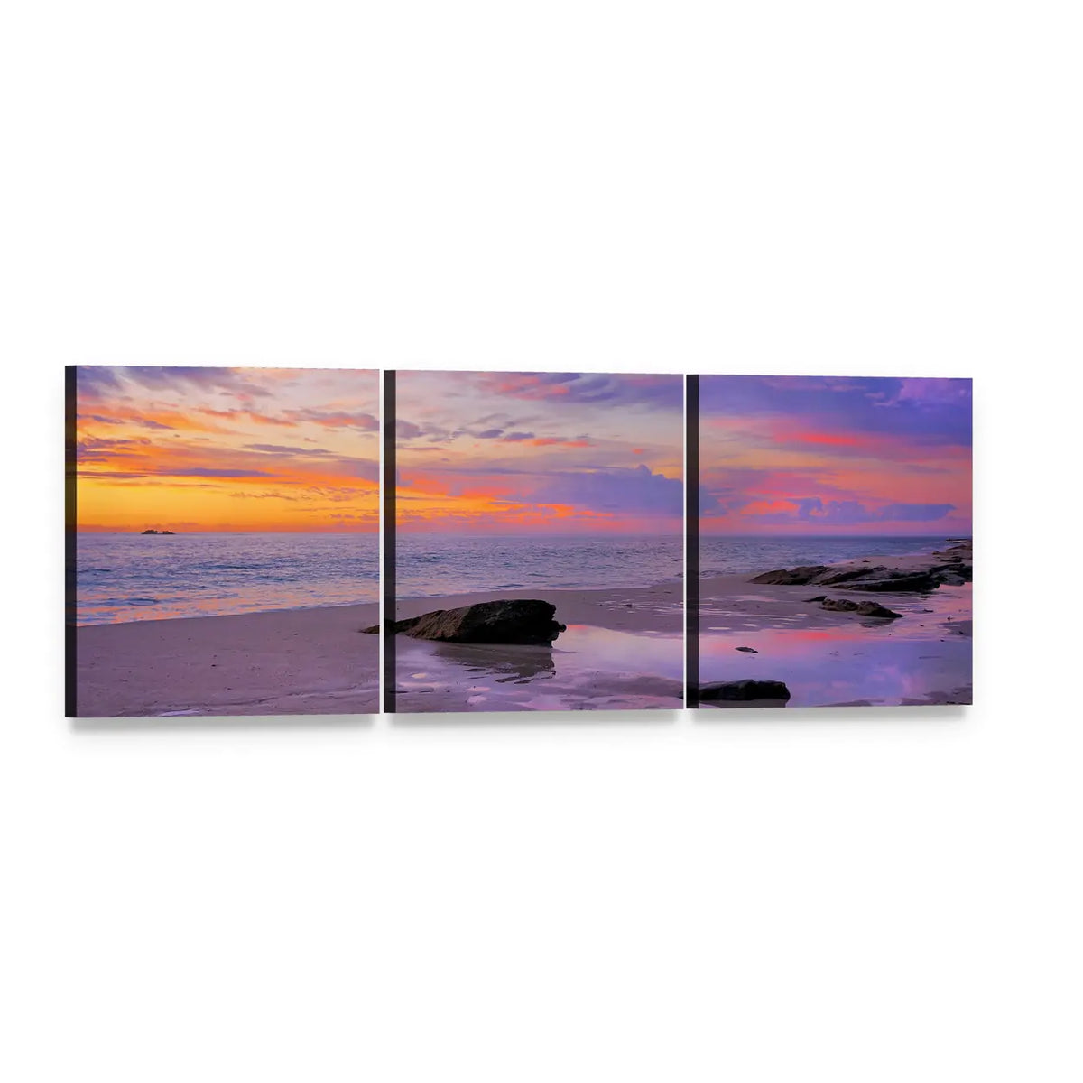 Perth Beach at Sunset Panoramic Canvas Wall Art, 3 panel 3 Piece layout gallery wrapped canvas set, angled product view