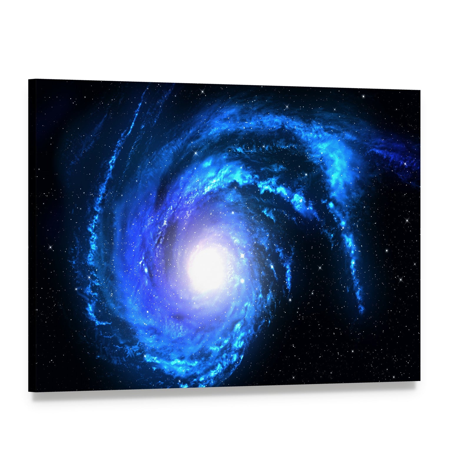 Blue Spiral Galaxy Canvas Wall Art, single panel gallery wrapped canvas, angled product view