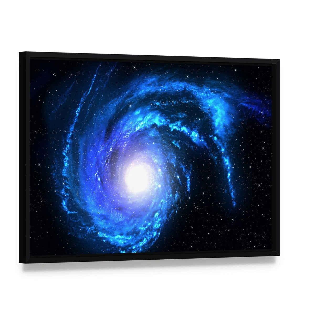 Blue Spiral Galaxy Canvas Wall Art, framed canvas in a black floater frame, angled product view