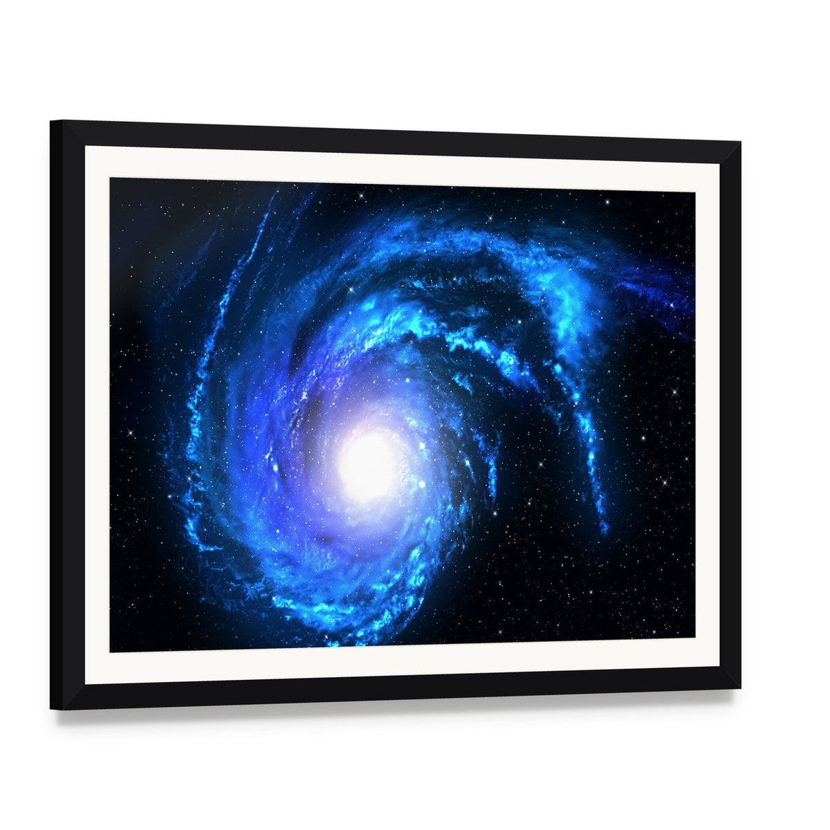 Blue Spiral Galaxy Canvas Wall Art, framed print with white mat and black frame, angled product view
