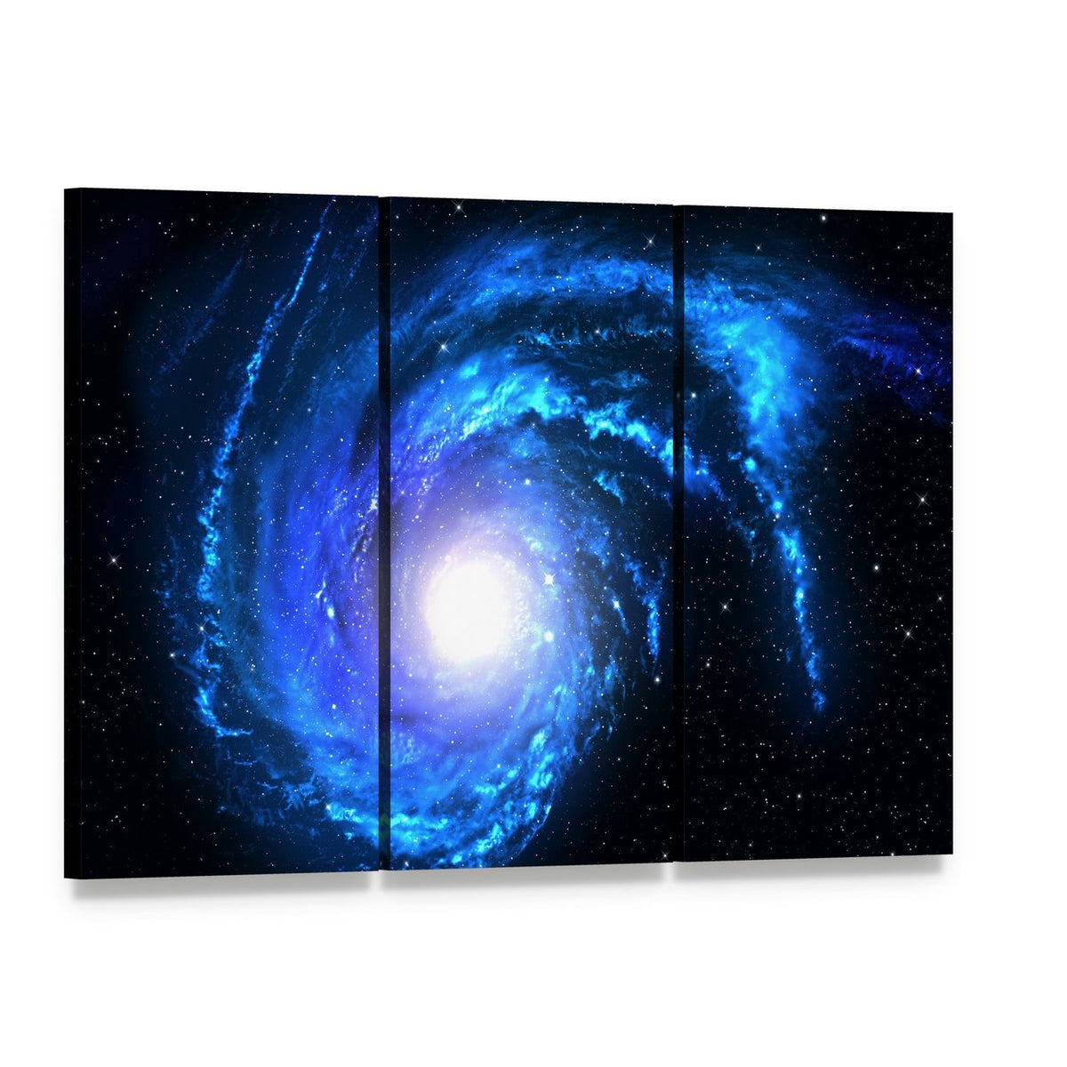 Blue Spiral Galaxy Canvas Wall Art, 3 panel 3 Horizontal layout gallery wrapped canvas set, angled product view