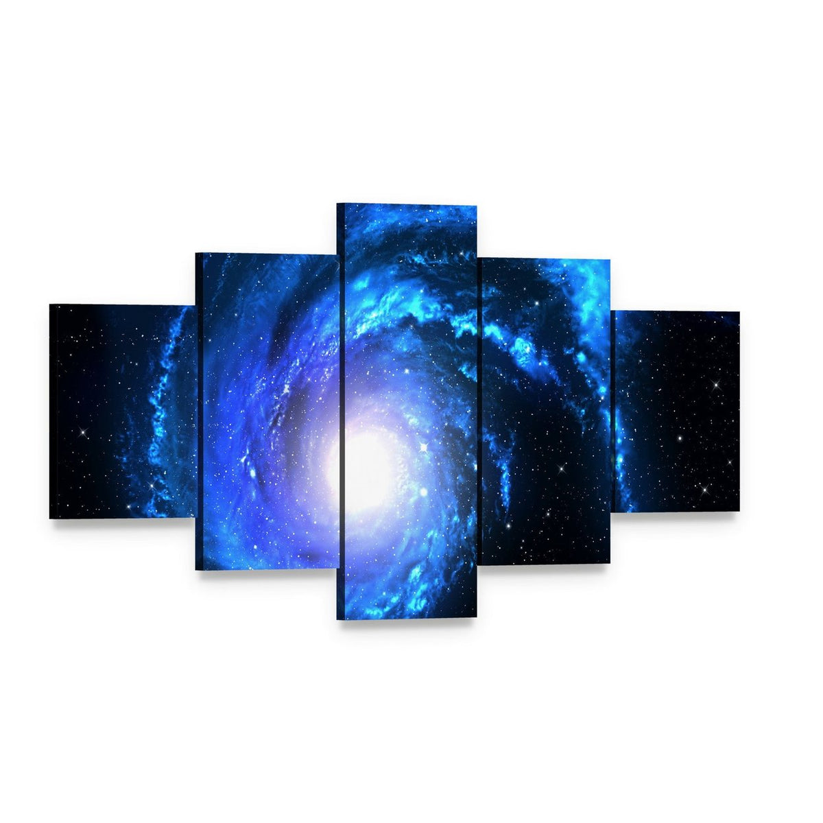 Blue Spiral Galaxy Canvas Wall Art, 5 panel 5 Star layout gallery wrapped canvas set, angled product view