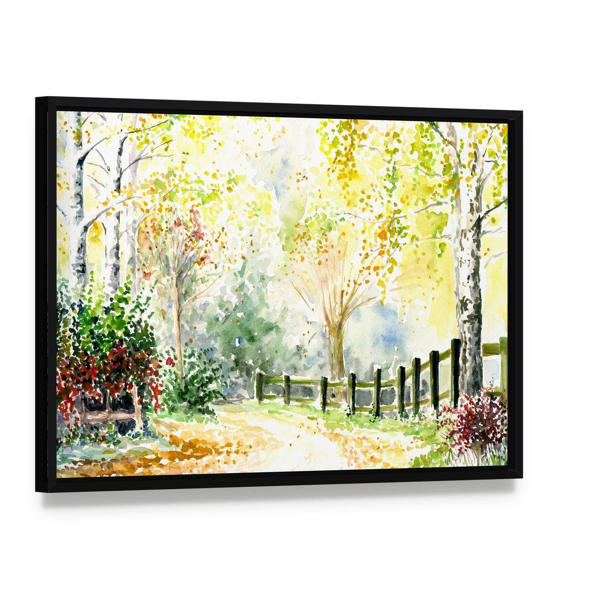 Road Fence and Trees in Autumn Canvas Wall Art, framed canvas in a black floater frame, angled product view