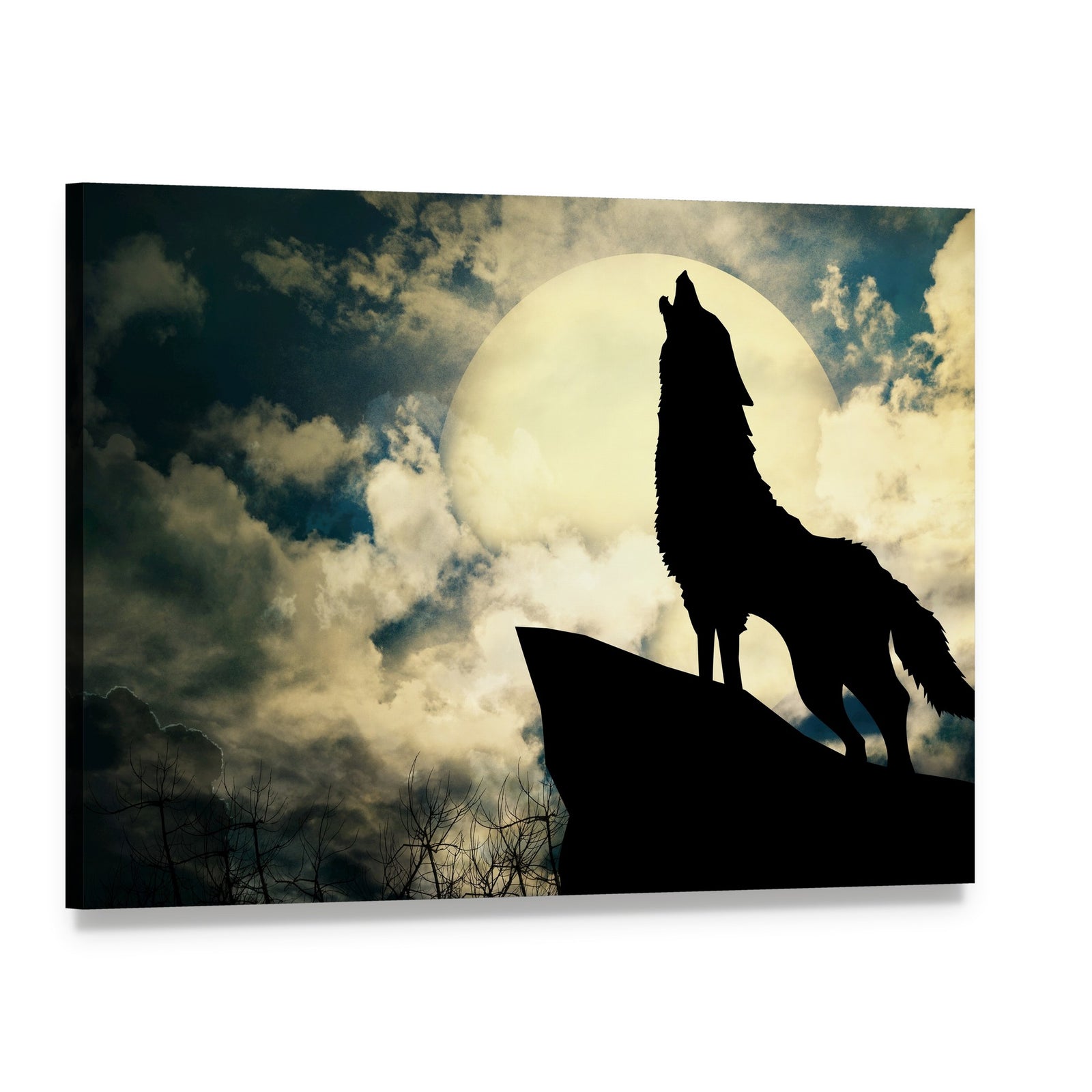 Wolf Howling at the Full Moon Canvas Wall Art, single panel gallery wrapped canvas, angled product view