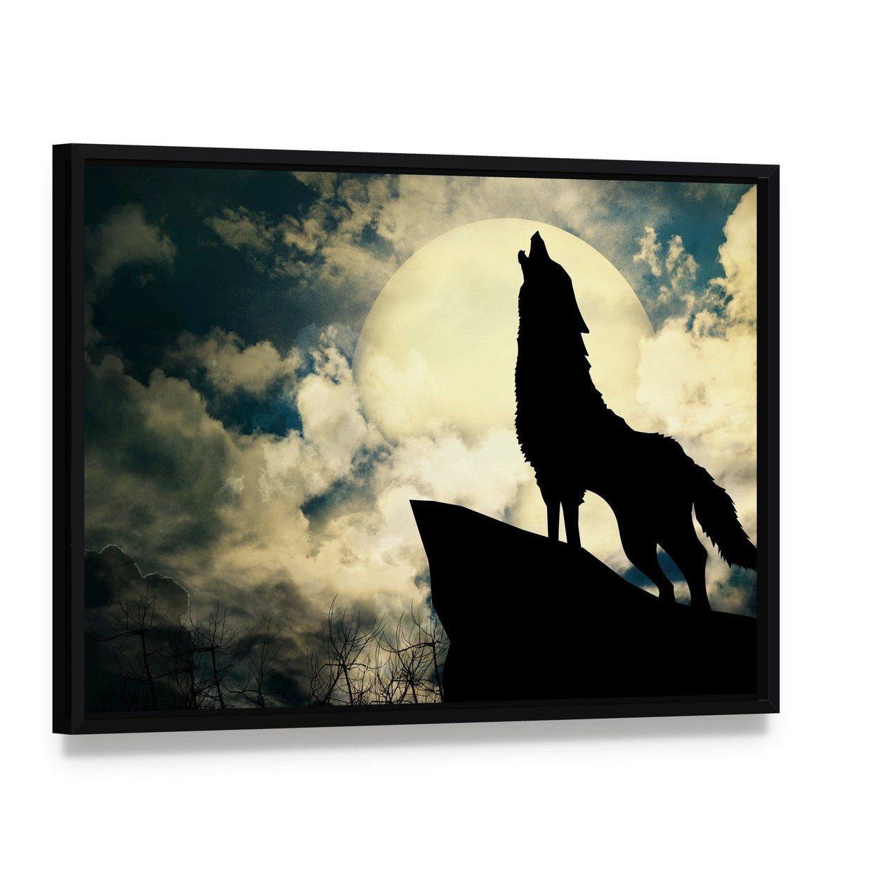 Wolf Howling at the Full Moon Canvas Wall Art, framed canvas in a black floater frame, angled product view