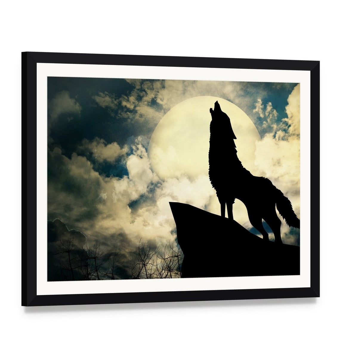 Wolf Howling at the Full Moon Canvas Wall Art, framed print with white mat and black frame, angled product view