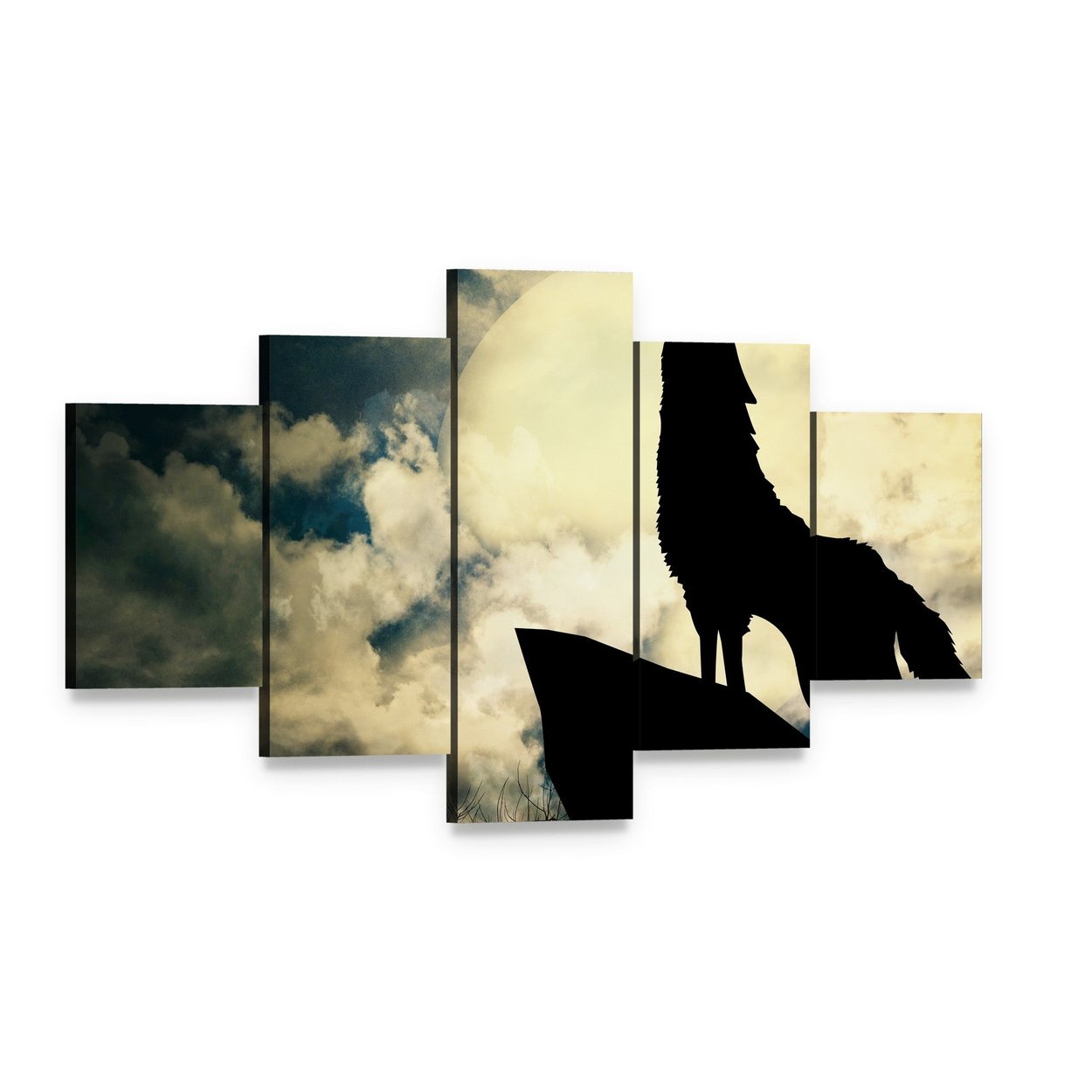 Wolf Howling at the Full Moon Canvas Wall Art, 5 panel 5 Star layout gallery wrapped canvas set, angled product view