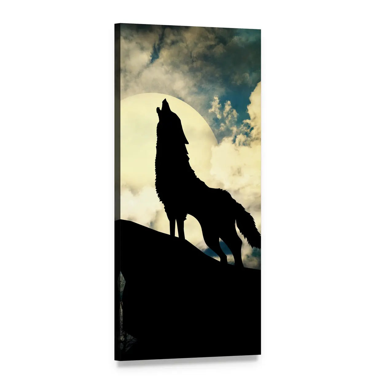 Howling Wolf Silhouette Under Full Moon Vertical Canvas Wall Art, 1 panel 1 Vertical layout gallery wrapped canvas set, angled product view