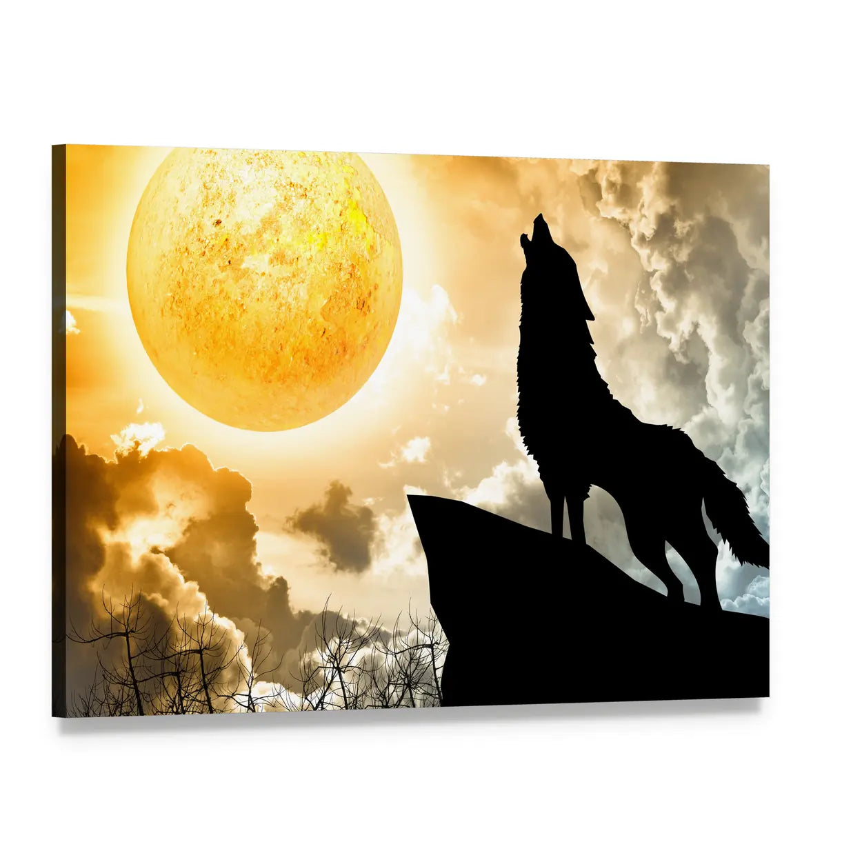 Howling Wolf with Golden Moon Canvas Wall Art, single panel gallery wrapped canvas, angled product view