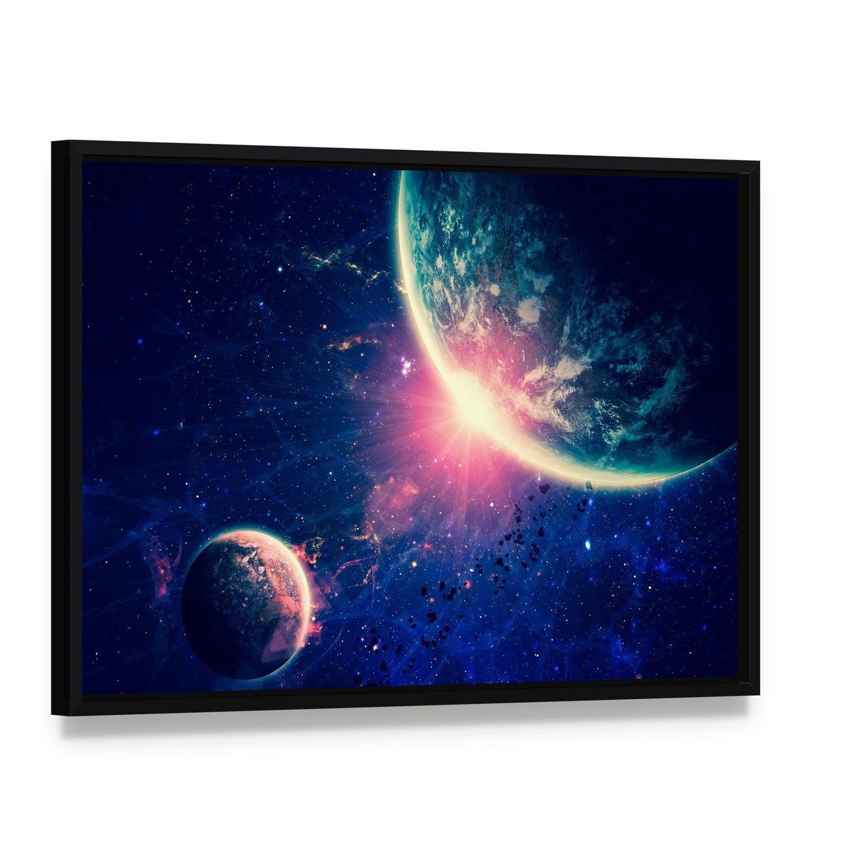 Beautiful Space Background Canvas Wall Art, framed canvas in a black floater frame, angled product view