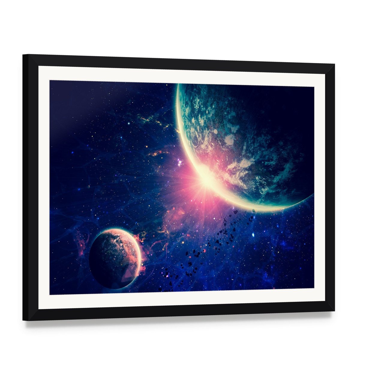 Beautiful Space Background Canvas Wall Art, framed print with white mat and black frame, angled product view