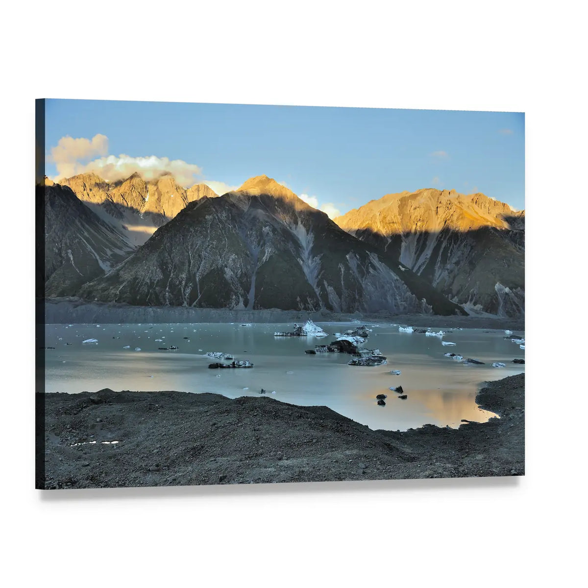 Tasman Glacier and Lake Canvas Wall Art, single panel gallery wrapped canvas, angled product view