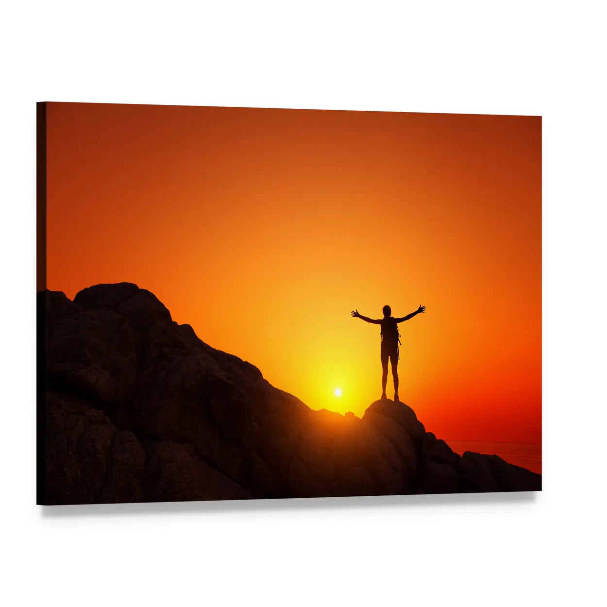 Backpacker Silhouette on Mountain Summit Canvas Wall Art, single panel gallery wrapped canvas, angled product view