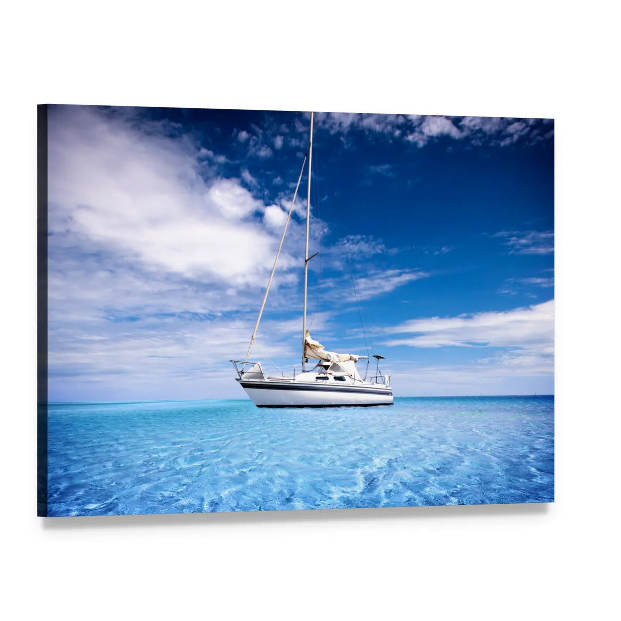 Single-masted White Sailboat on Turquoise Water Canvas Wall Art, single panel gallery wrapped canvas, angled product view
