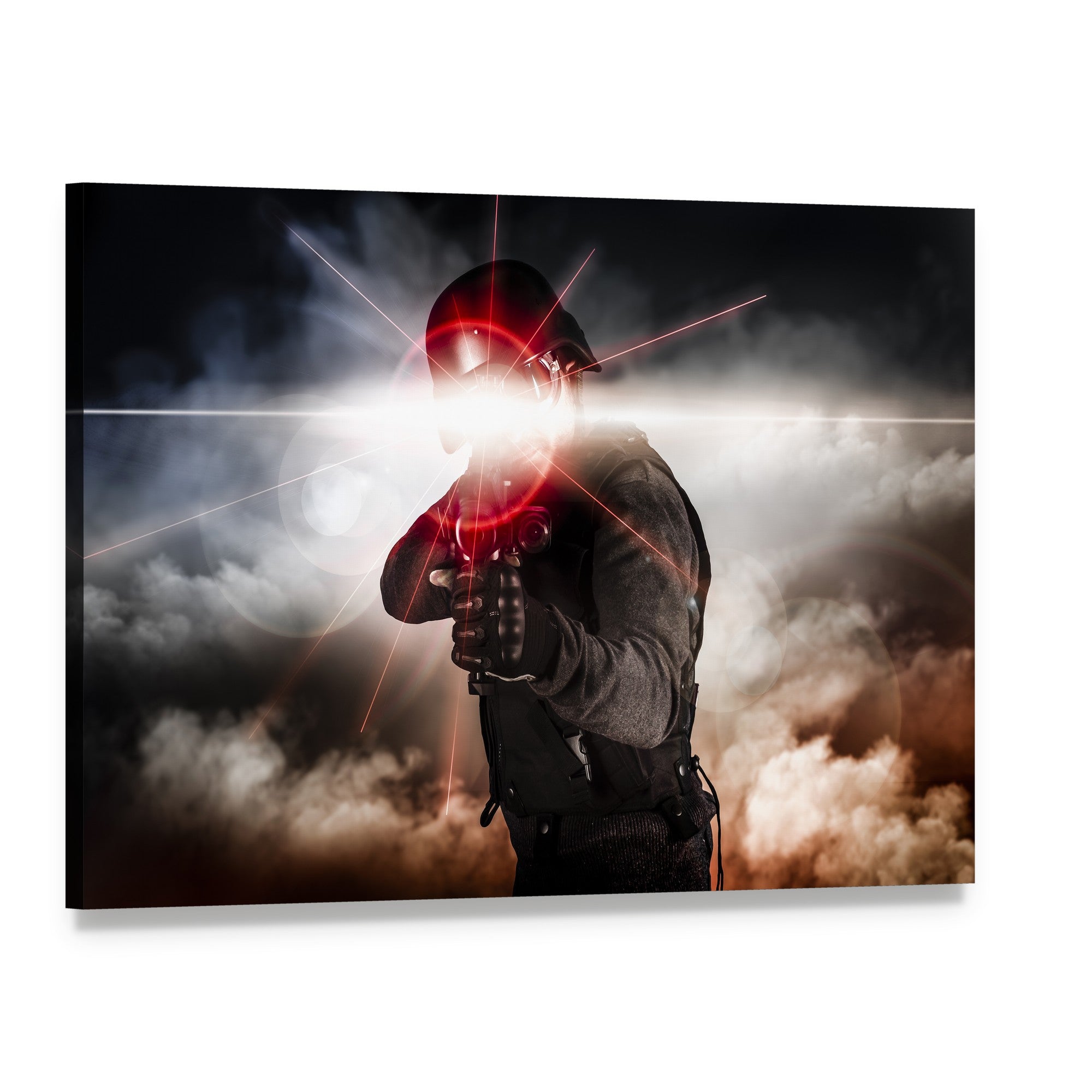 Soldier Aiming with Laser Sight Canvas Wall Art, single panel gallery wrapped canvas, angled product view