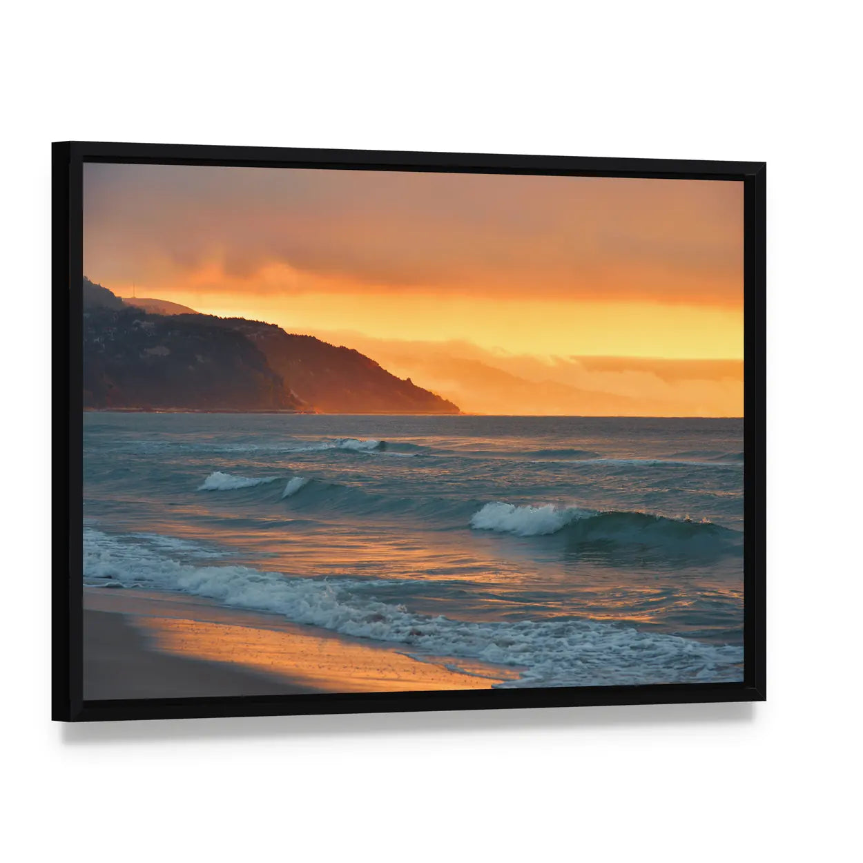 Golden Summer Sea Sunset Canvas Wall Art, framed canvas in a black floater frame, angled product view