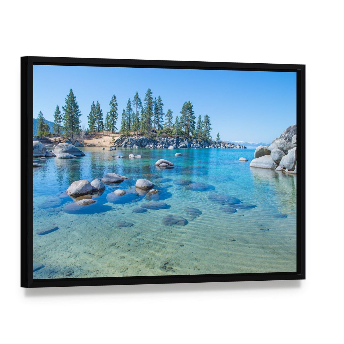 Lake Tahoe Shore Canvas Wall Art, framed canvas in a black floater frame, angled product view