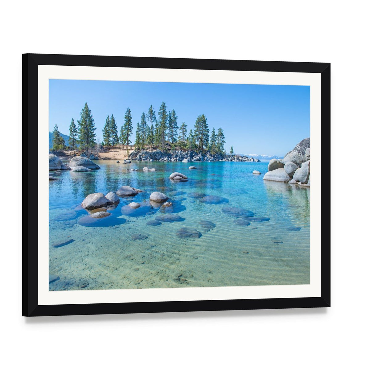 Lake Tahoe Shore Canvas Wall Art, framed print with white mat and black frame, angled product view