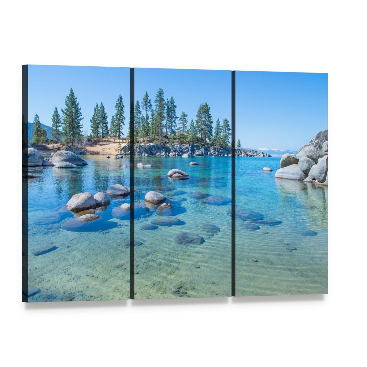 Lake Tahoe Shore Canvas Wall Art, 3 panel 3 Horizontal layout gallery wrapped canvas set, angled product view