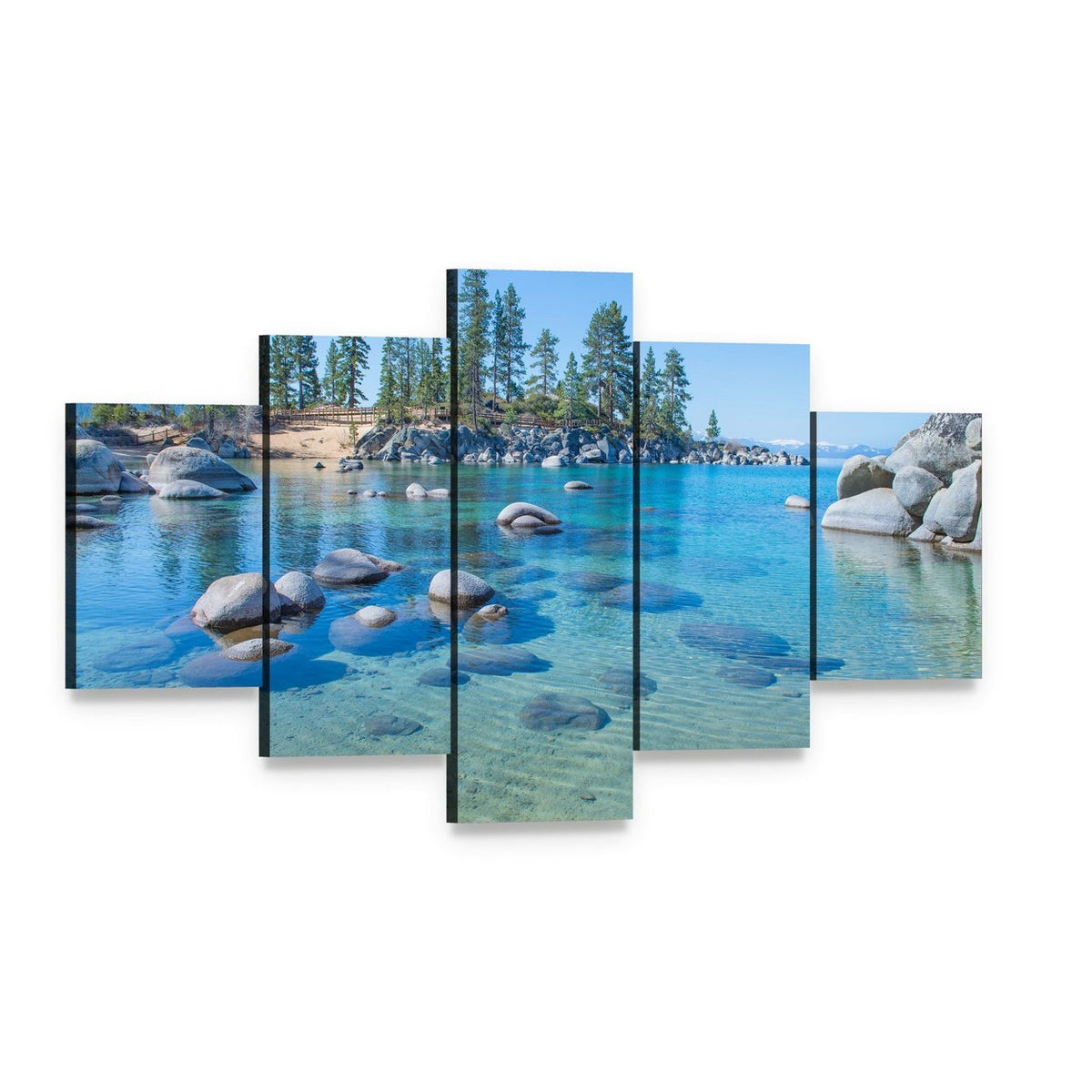 Lake Tahoe Shore Canvas Wall Art, 5 panel 5 Star layout gallery wrapped canvas set, angled product view