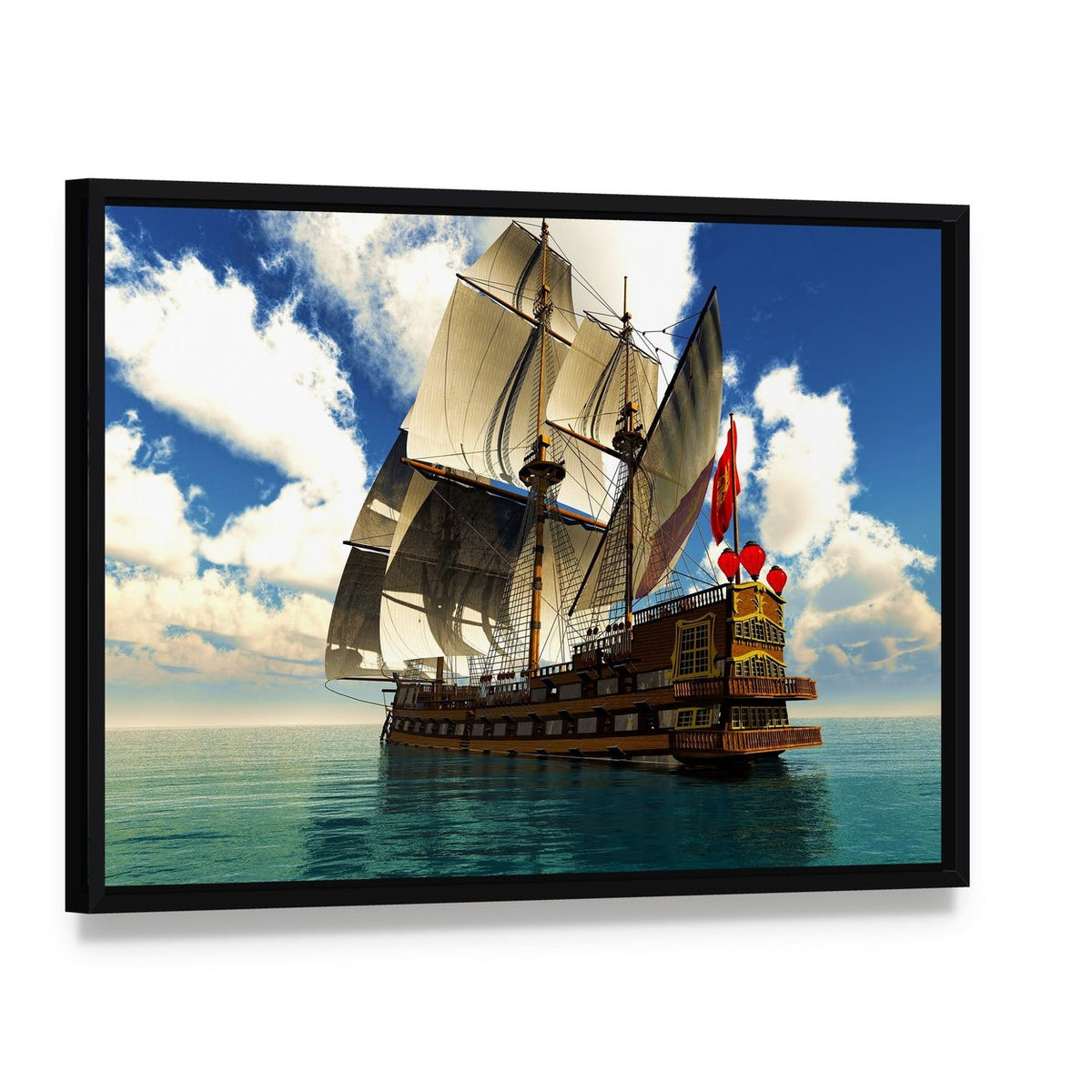 Pirate Brigantine at Sea Canvas Wall Art, framed canvas in a black floater frame, angled product view