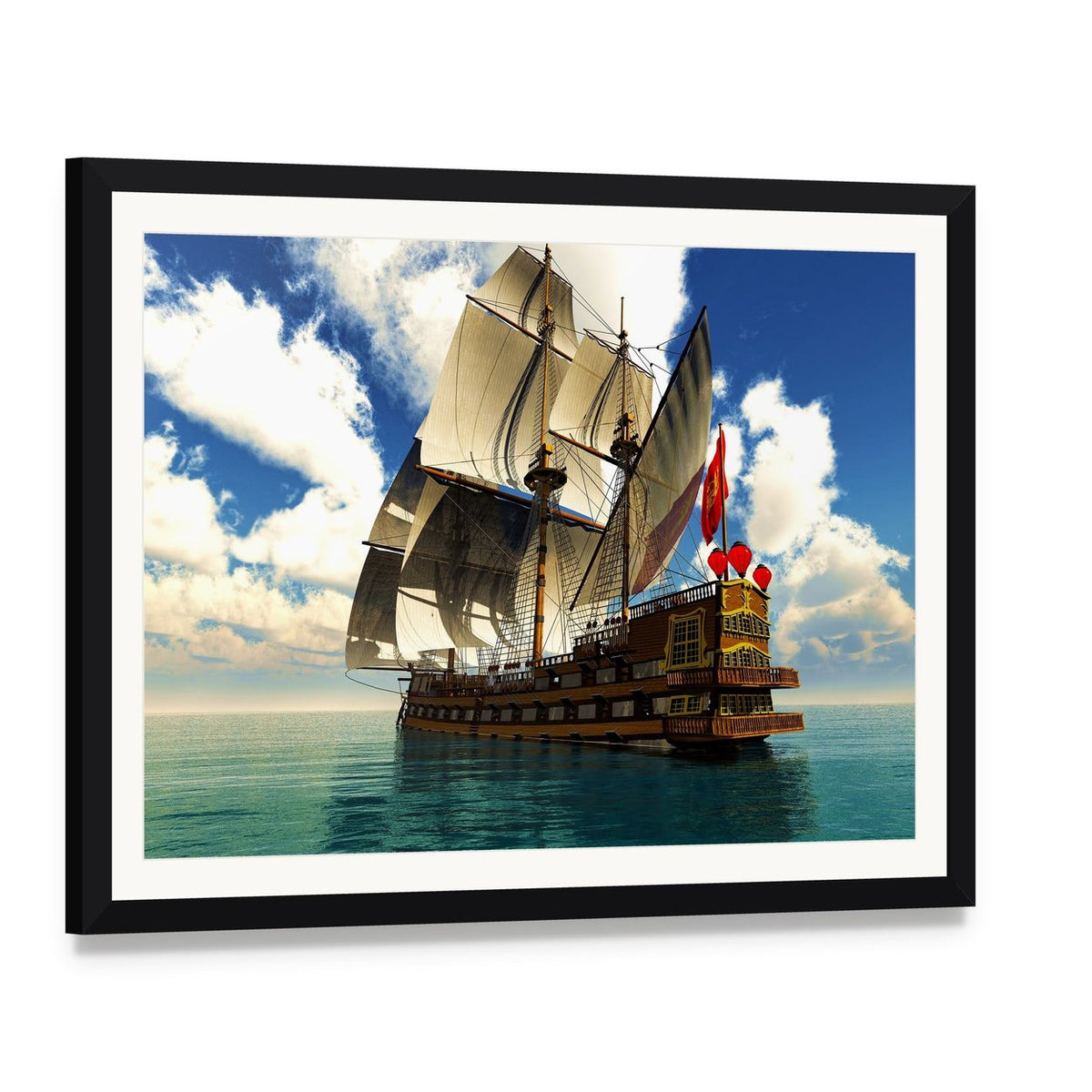 Pirate Brigantine at Sea Canvas Wall Art, framed print with white mat and black frame, angled product view