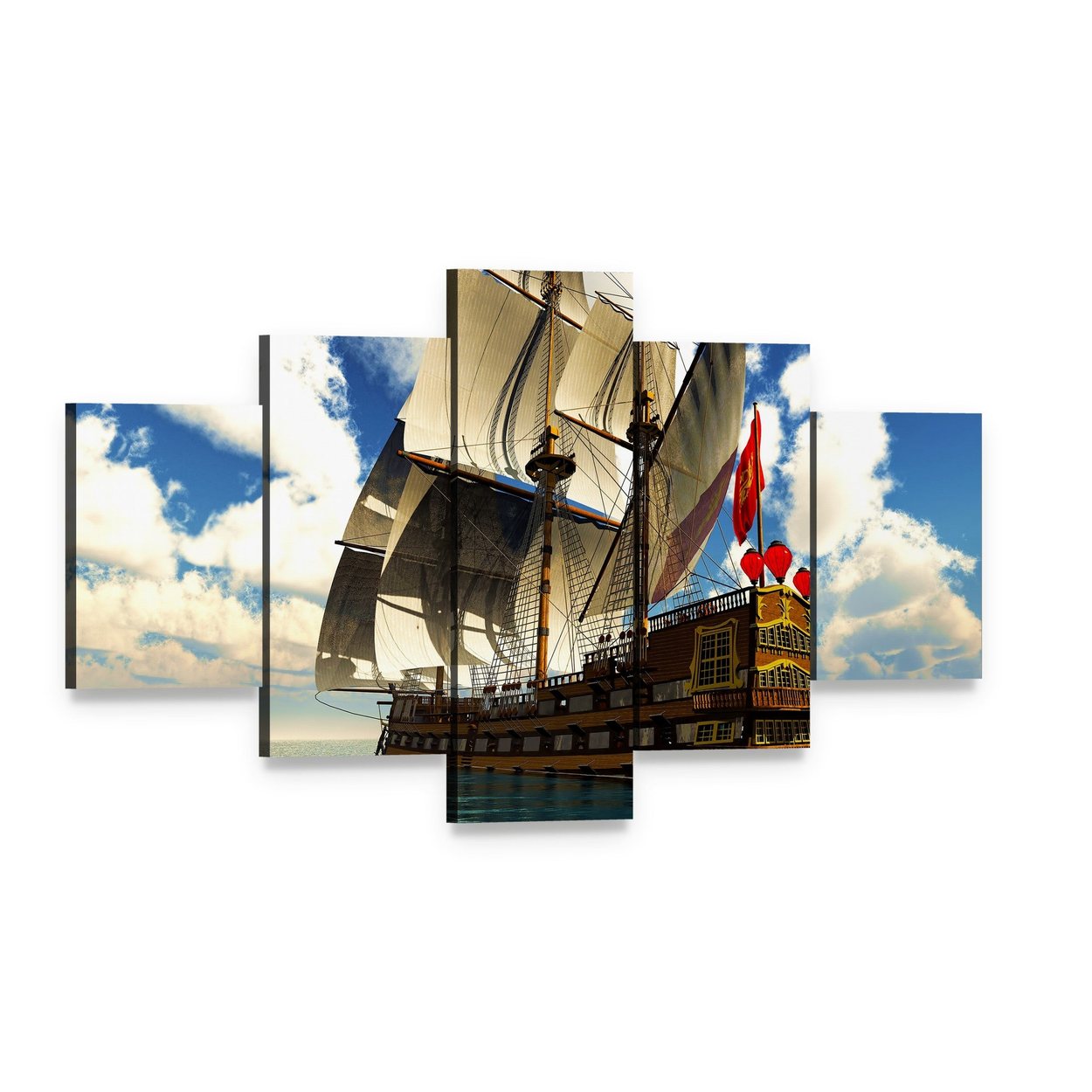 Pirate Brigantine at Sea Canvas Wall Art, 5 panel 5 Star layout gallery wrapped canvas set, angled product view