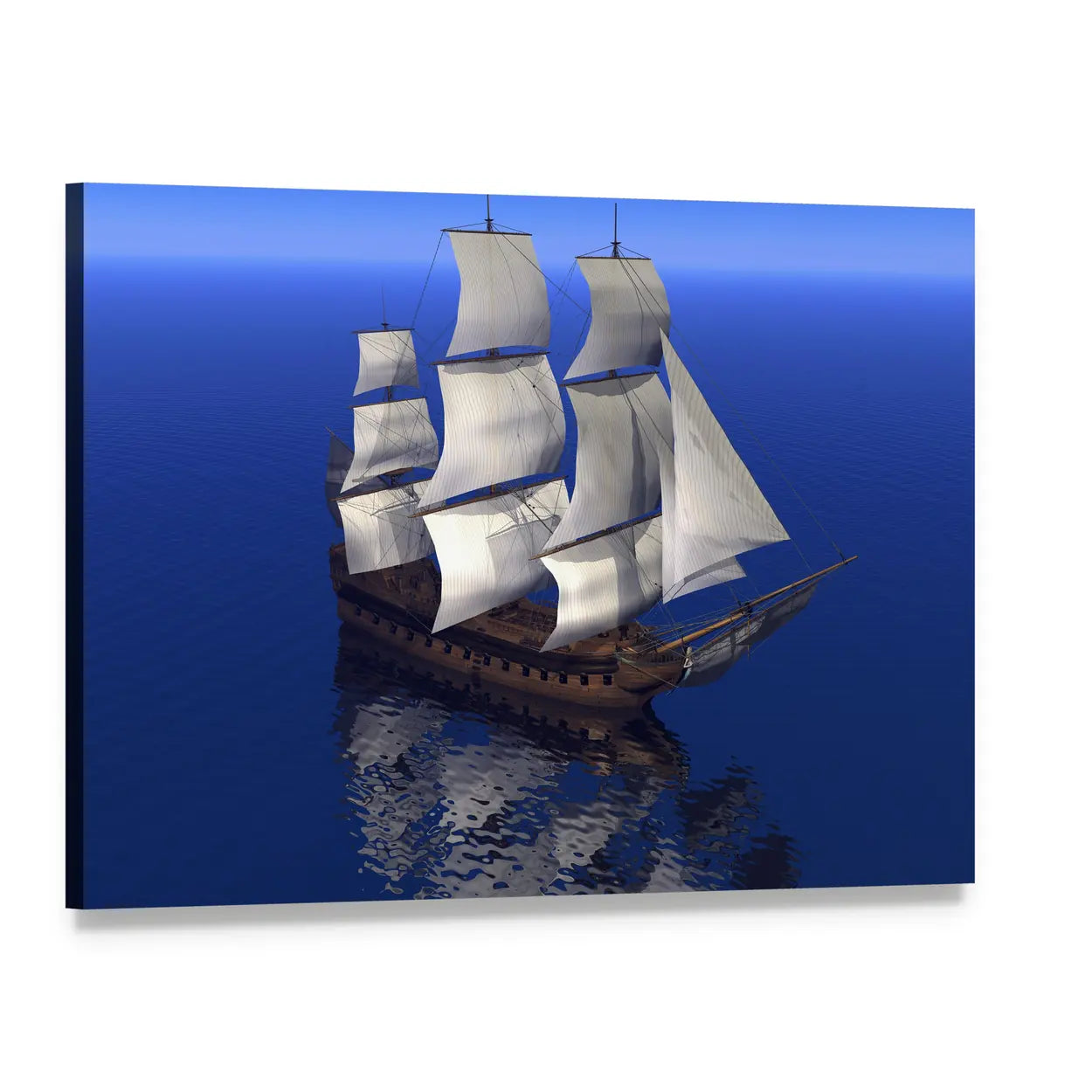Three-masted Ship with White Sails Canvas Wall Art, single panel gallery wrapped canvas, angled product view