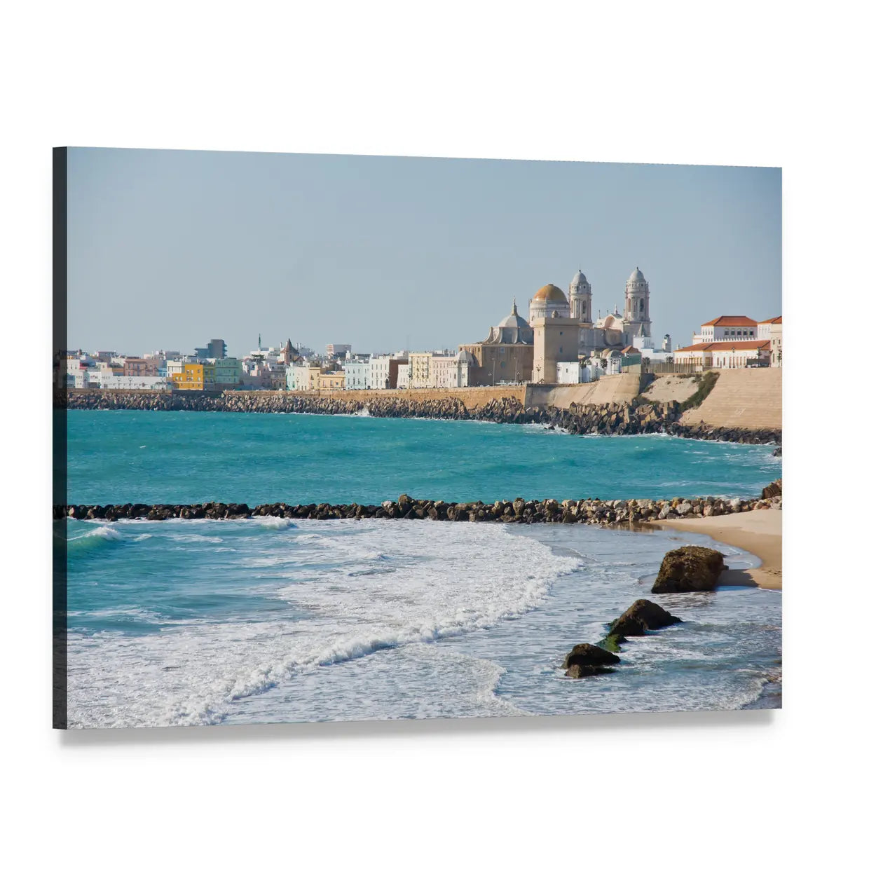 Coastal City Beach with Domed Cathedral Canvas Wall Art, single panel gallery wrapped canvas, angled product view