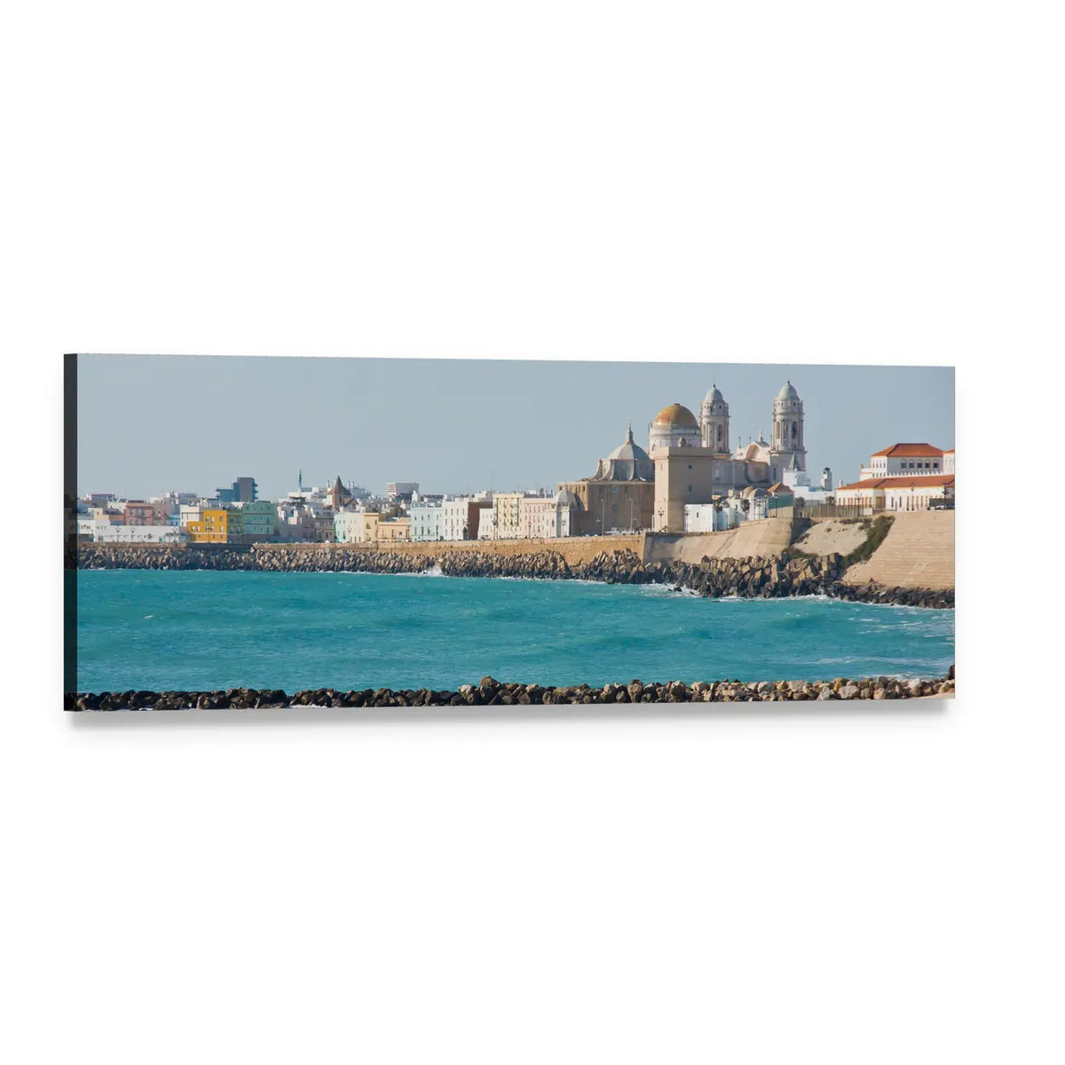 Cádiz Cathedral and Seaside View Panoramic Canvas Wall Art, single panel gallery wrapped canvas, angled product view