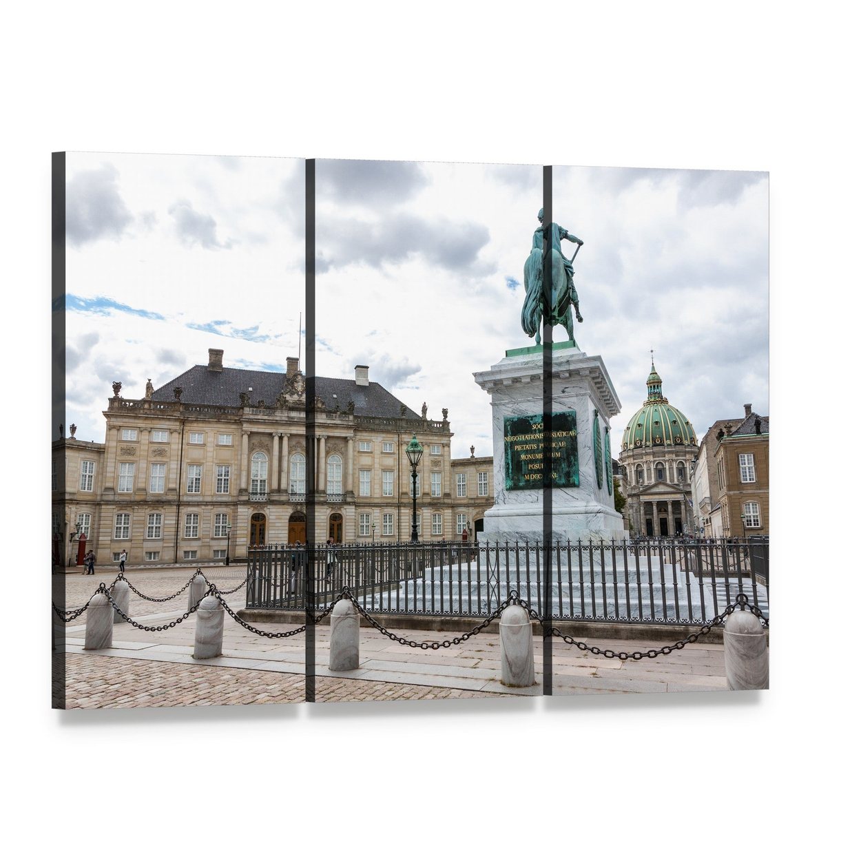 Amalienborg Palace with Equestrian Statue Canvas Wall Art, 3 panel 3 Horizontal layout gallery wrapped canvas set, angled product view