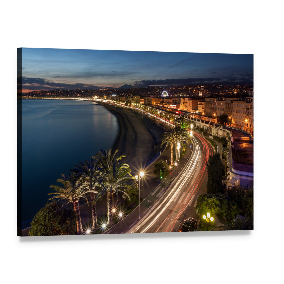 Coastal City Nightscape with Light Trails Canvas Wall Art, single panel gallery wrapped canvas, angled product view