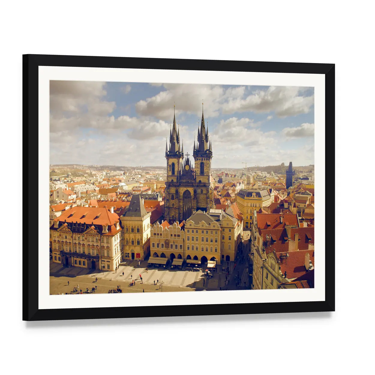 Main Square in Prague Canvas Wall Art, framed print with white mat and black frame, angled product view